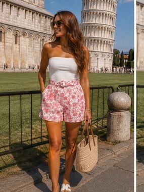 High-Rise Pink Floral Belted Bermuda Shorts